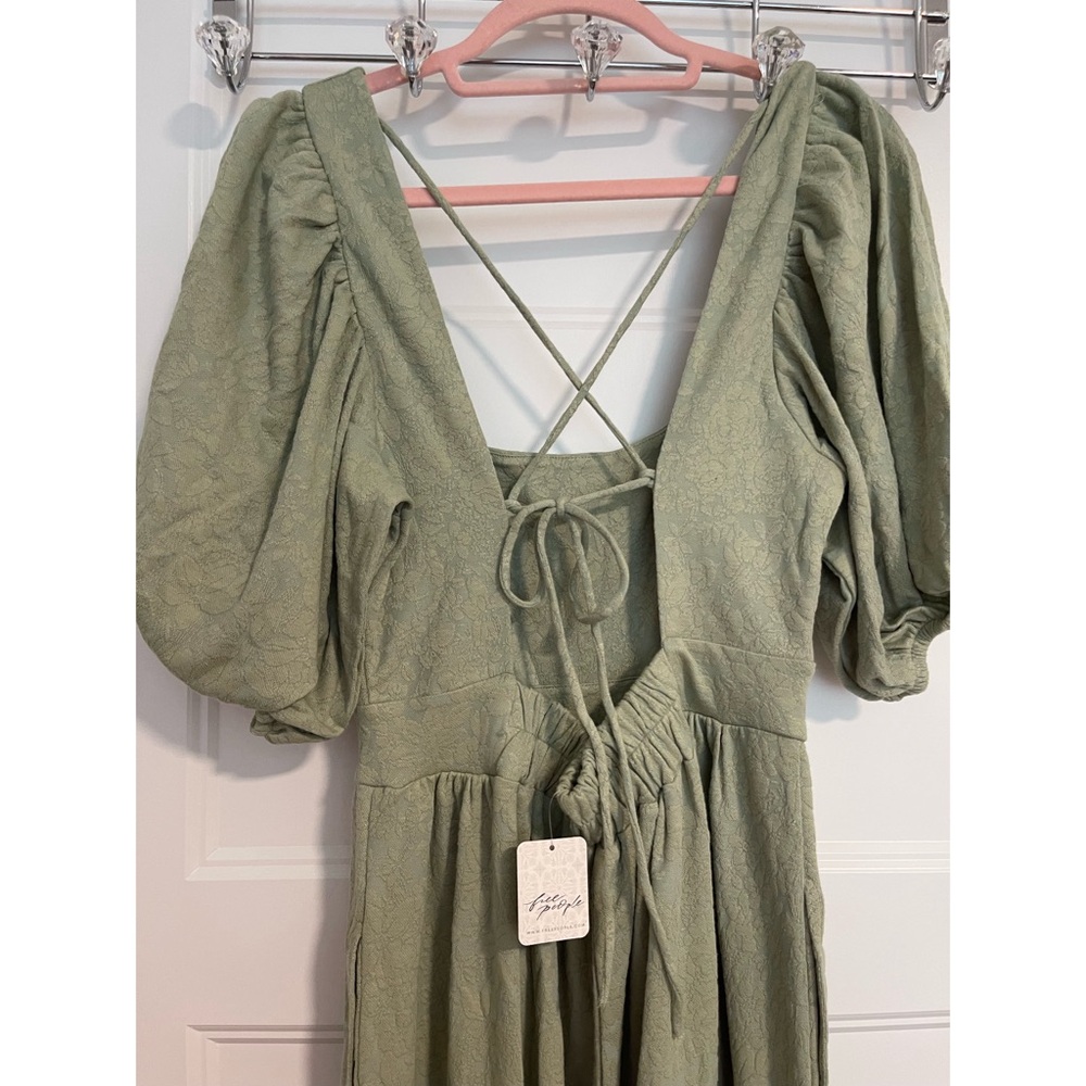 FreePeople Janice One Piece Elegant Green Puff Sleeve Jumpsuit NWT SZ M L - Picture 6 of 11